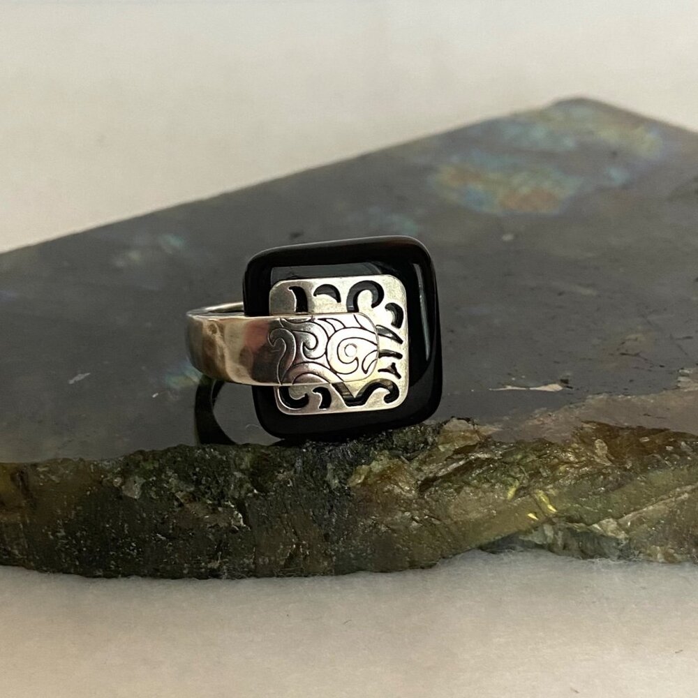 VTG Retired Silpada 925 Sterling Silver Black Agate Blacktop Swirl Ring Sz 8.75 - Picture 2 of 16